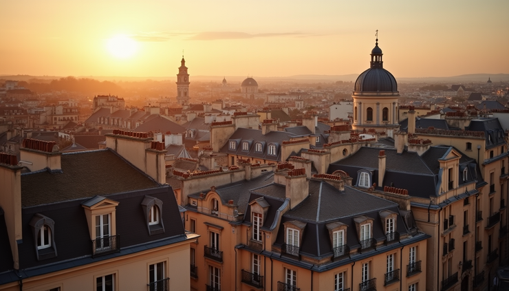 Vue en plongée de la terrasse avec vue sur les toits historiques de Bordeaux depuis l'hôtel Le Palais Gallien