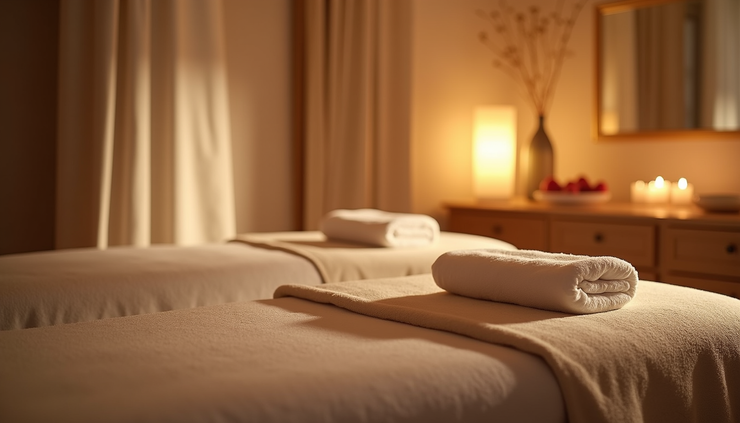 Vue rapprochée de la salle de massage avec lumière tamisée à l'hôtel spa