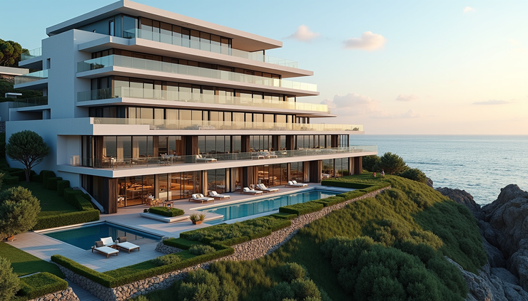 Vue panoramique de la façade moderne de l'hôtel Les Vagues à Arcachon