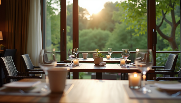 Vue à hauteur d'œil de la terrasse du restaurant de l'Hôtel Cote Sable avec vue sur le jardin