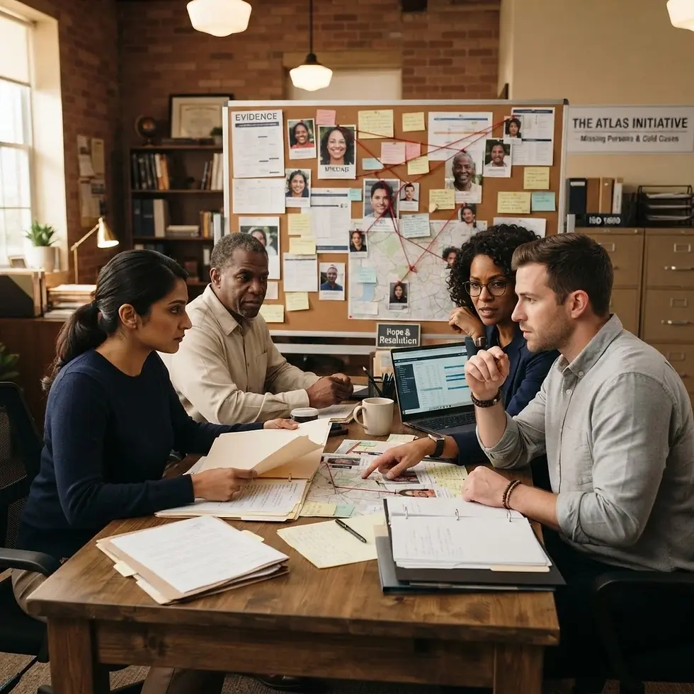 Staged photography of a diverse team collaborating around a table, reviewing an investigation board. The scene conveys a sense of intense focus and teamwork.
