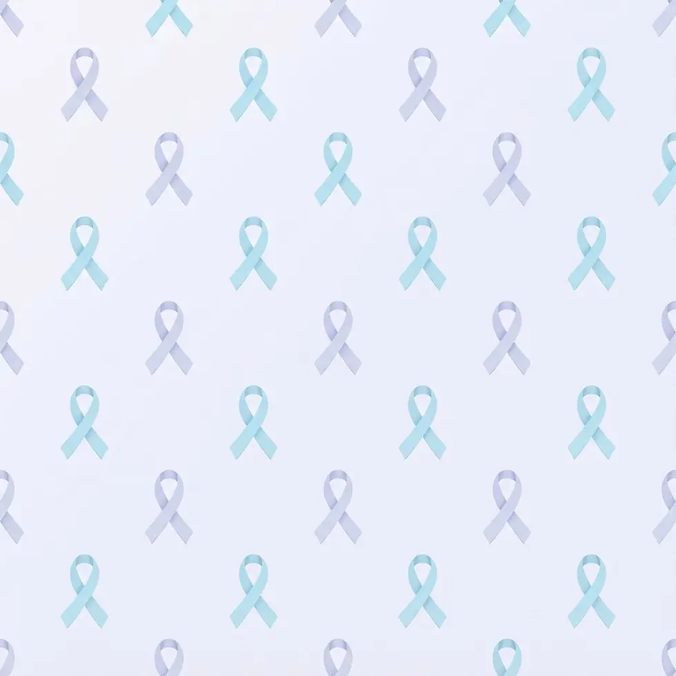 Digital illustration of a repeating pattern of teal and lavender awareness ribbons. The gentle pastel colors evoke a sense of support and awareness.