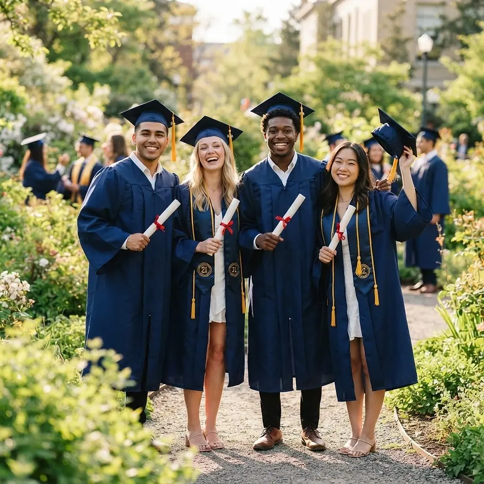 Outdoor photography of four smiling graduates in navy blue caps and gowns holding diplomas. Captured in a sunlit garden, the image evokes a joyful sense of academic accomplishment.