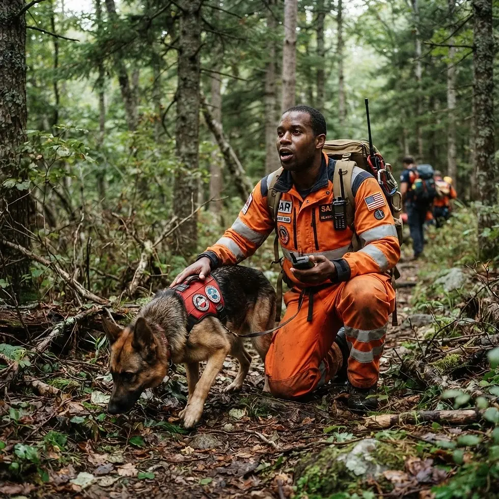 Wilderness photography of a search and rescue operative and his dog in a forest. The team appears to be on an active search mission in a natural environment.