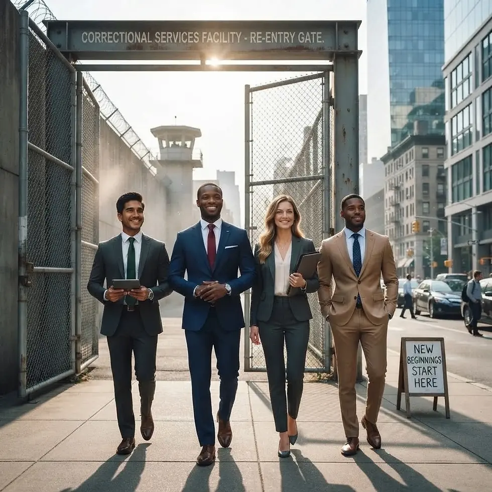 Staged photography of four professionals walking on a sidewalk past a correctional facility's re-entry gate. The image conveys a hopeful message of new beginnings and opportunities.