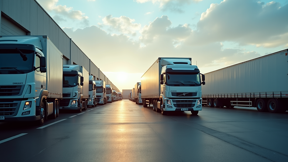 Eye-level view of a fleet of delivery trucks parked in a logistics yard