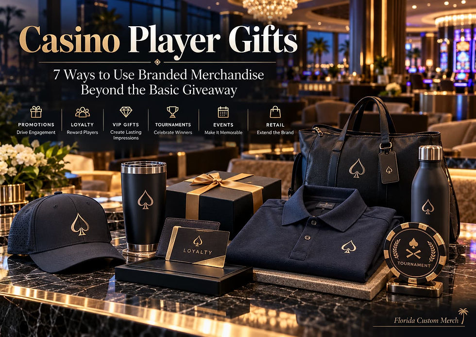 Casino player gifts and branded promotional merchandise for casino and gaming resort marketing programs