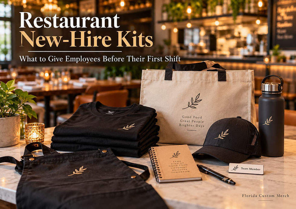 Restaurant employee new-hire kit with branded apparel, water bottle, notebook, apron and welcome materials.