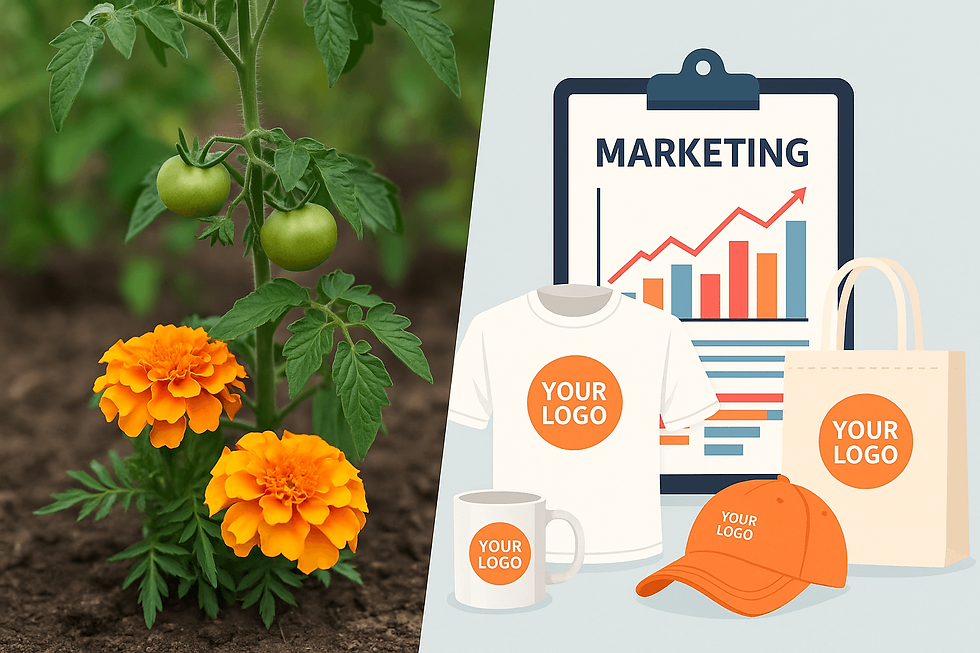 Split-view image showing the concept of companion planting and marketing strategy. On the left, a tomato plant grows beside a marigold in a garden bed, symbolizing natural support and pest control. On the right, a marketing chart is paired with custom branded merchandise like a mug and pen, illustrating how strategic pairing boosts brand visibility and business growth.