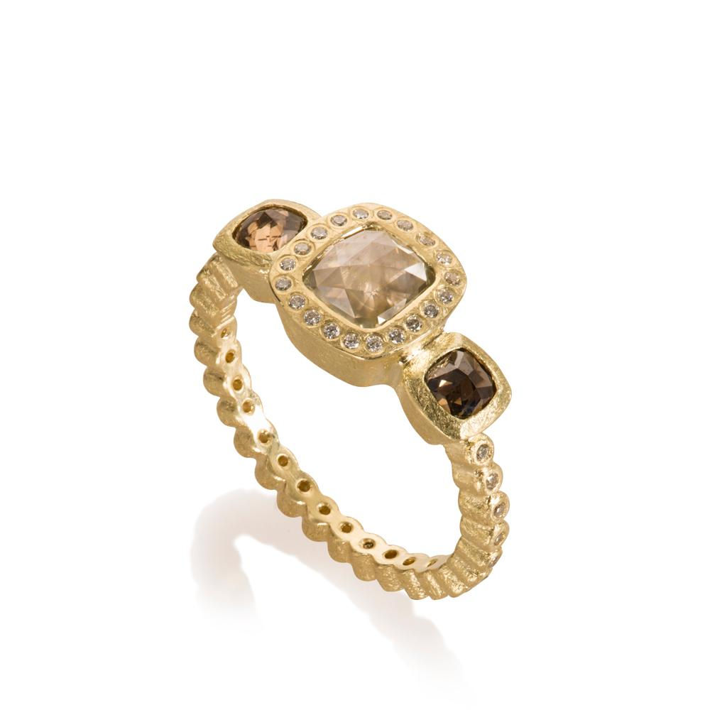 Champagne rose fancy cut ring with two cognac diamonds in 18ky gold