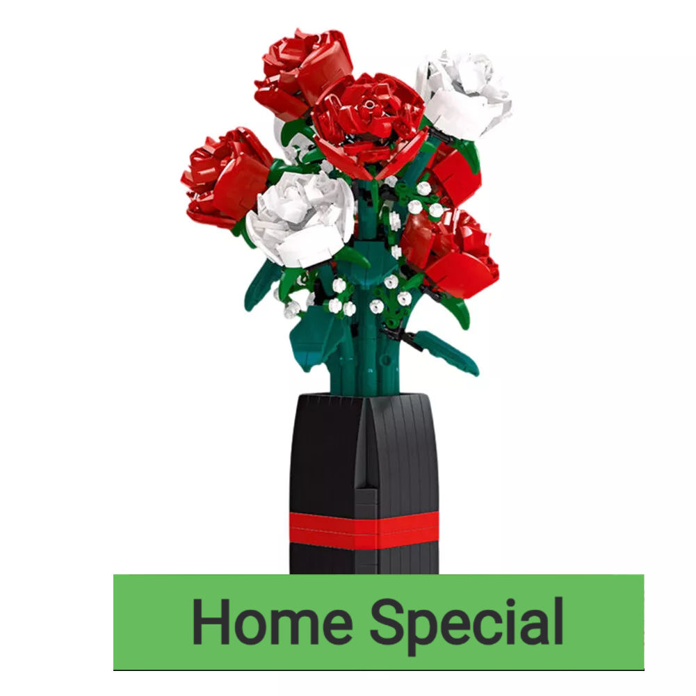 Roses Flower Bouquet Building Set With Vase Botanical Collection 818 Pieces.