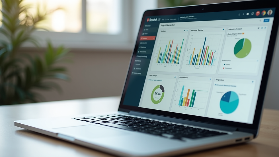 Close-up view of a laptop screen showing a creative project management dashboard