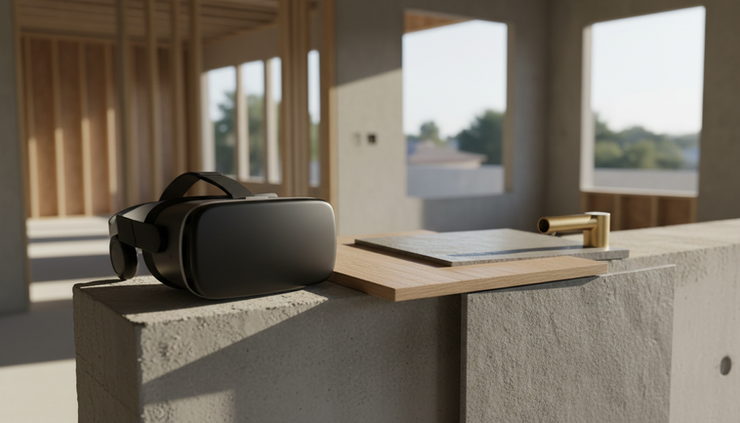 Close-up view of a VR headset resting on a concrete ledge beside material samples for a future residence.