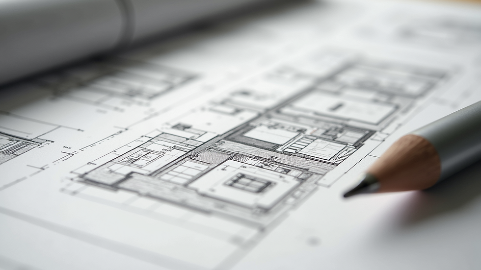 Eye-level view of a detailed architectural blueprint