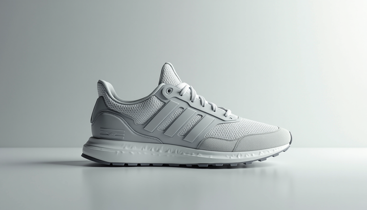Eye-level view of a 3D rendered sneaker displayed on an online store page