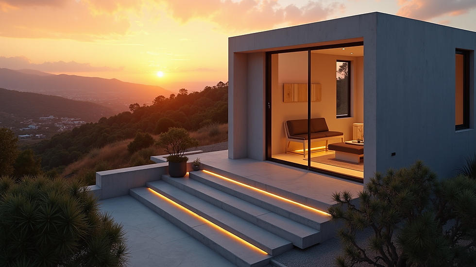 High angle view of a photorealistic architectural exterior at sunset