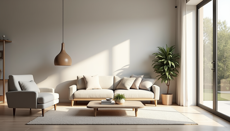 Eye-level view of a modern living room rendering showing furniture layout and lighting