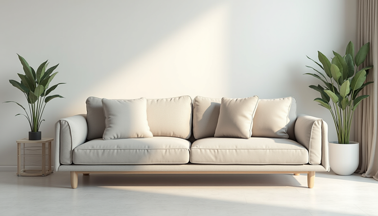 Eye-level view of a modern 3D rendered sofa in a bright living room setting