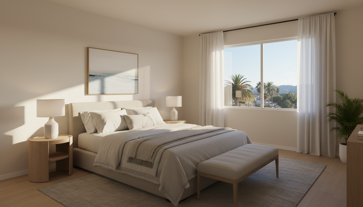 Eye-level view of an empty bedroom staged virtually with simple modern furniture.