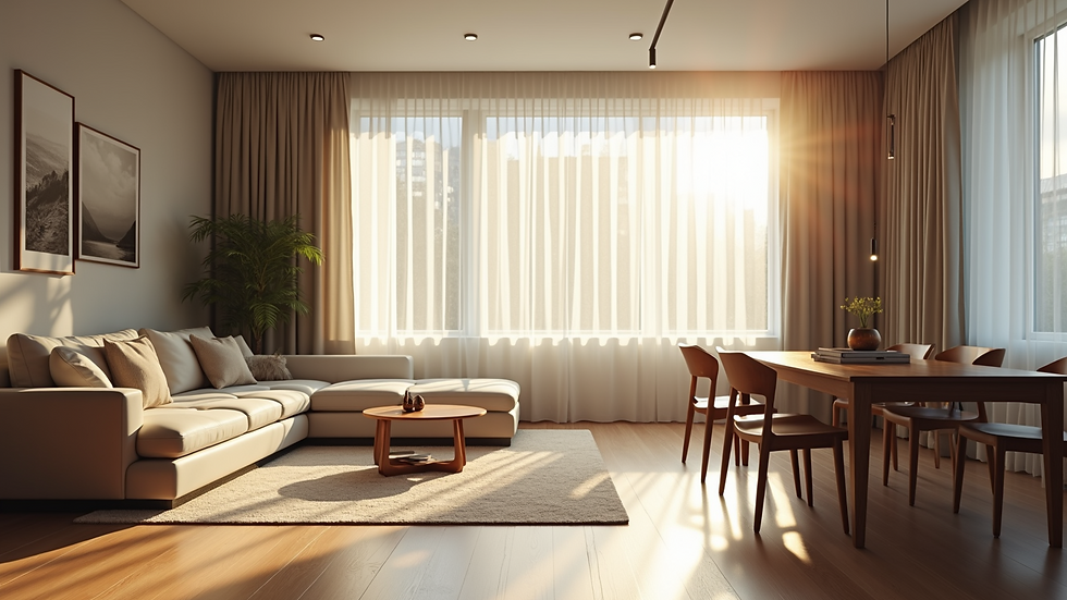 Eye-level view of a modern living room with natural sunlight
