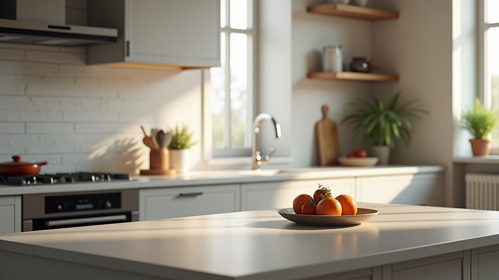 Close-up view of a photorealistic kitchen design with modern appliances