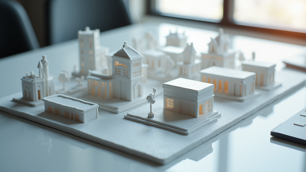 High angle view of 3D architectural model on computer screen