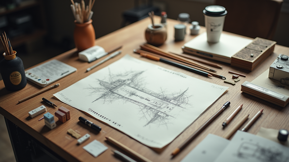High angle view of a workspace with drafting tools and materials
