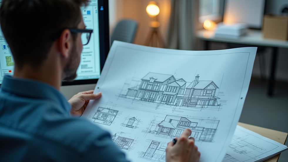 Eye-level view of a CAD technician working on architectural plans remotely