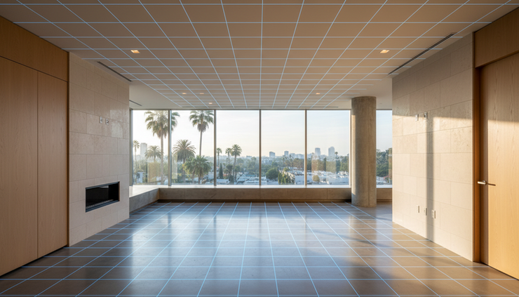 Wide-angle view of a sunlit condo interior with subtle 3D grid lines.