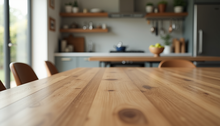 Close-up view of a 3D rendered wooden dining table set in a contemporary kitchen