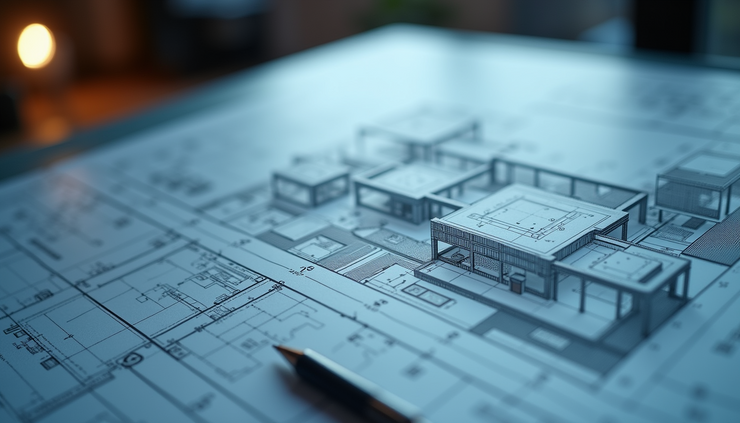 Eye-level view of a digital architectural blueprint on a computer screen with AI interface elements