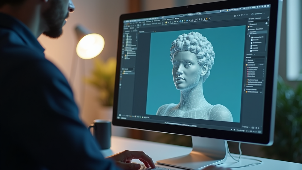 Close-up view of a 3D model being edited on a computer screen with AI tools