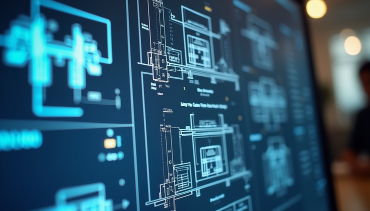 Close-up view of a computer screen showing CAD software with technical drawings