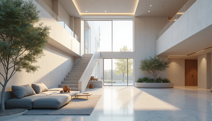 Eye-level view of a modern architectural 3D rendering with AI-enhanced lighting and textures