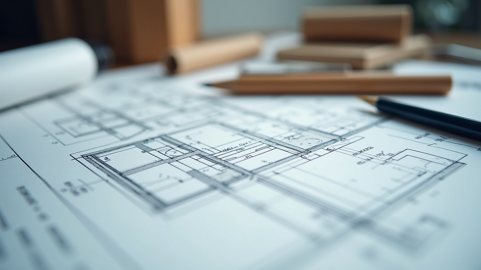 Close-up view of architectural blueprints on a drafting table