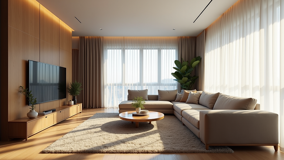Eye-level view of a modern living room rendered in 3D with natural lighting
