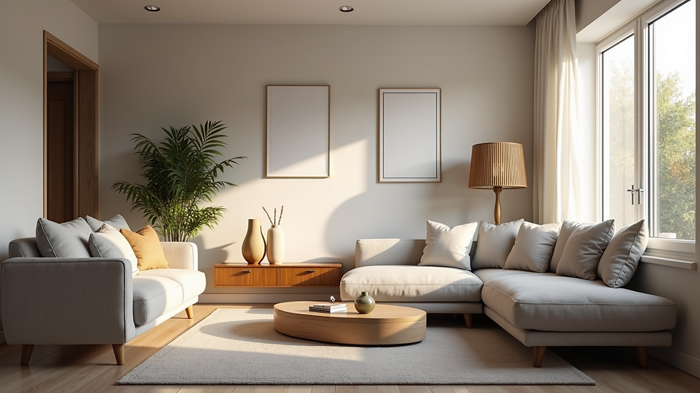 Eye-level view of modern living room with natural lighting