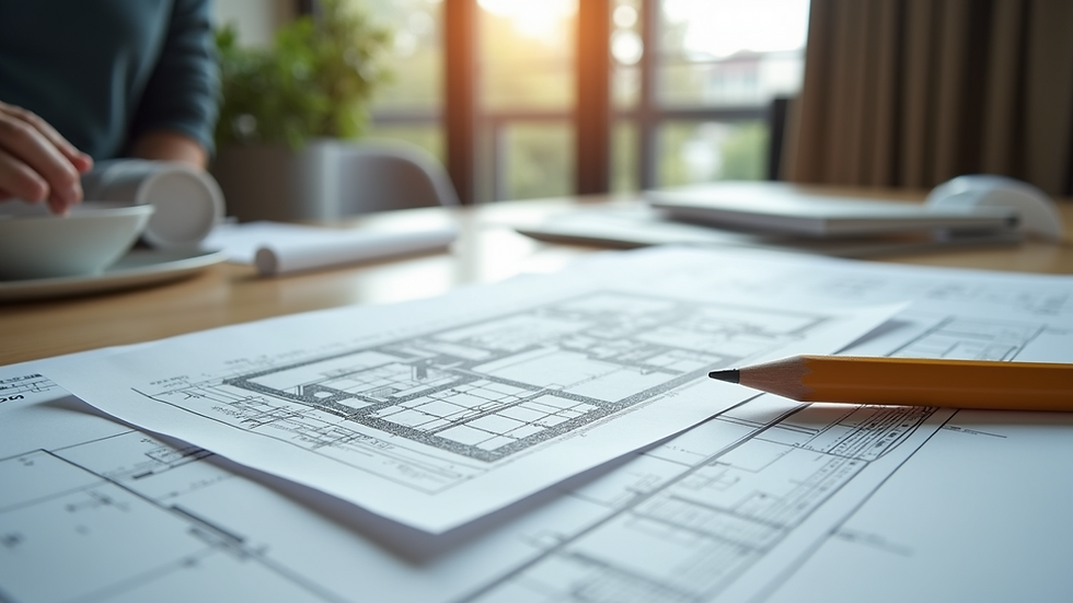 Eye-level view of a drafting table with architectural plans