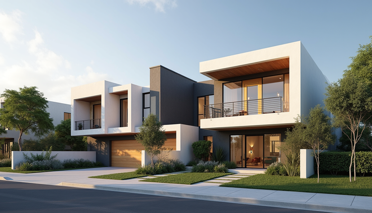 Eye-level view of a detailed 3D rendered modern Los Angeles residential building
