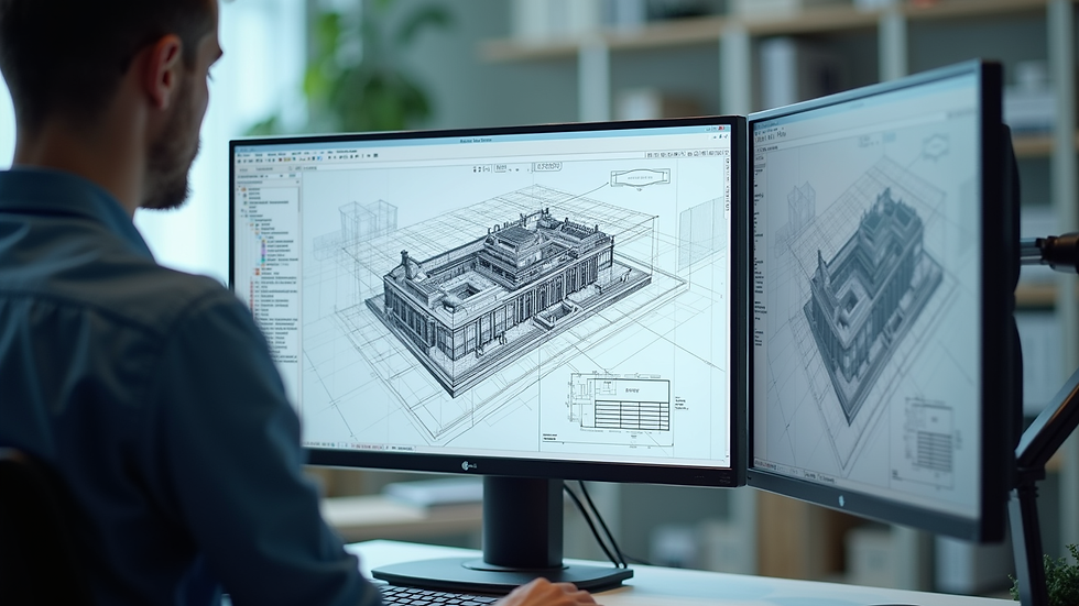 Eye-level view of a computer screen displaying detailed CAD architectural drawings
