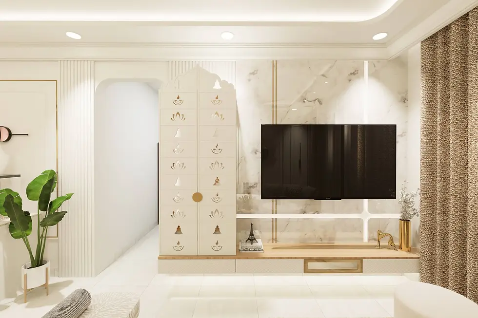 Elegant White and Gold TV Unit with Integrated Pooja Panel