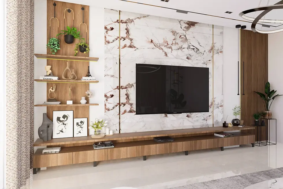 ​Modern TV Unit with Marble Backdrop and Floating Wooden Shelves