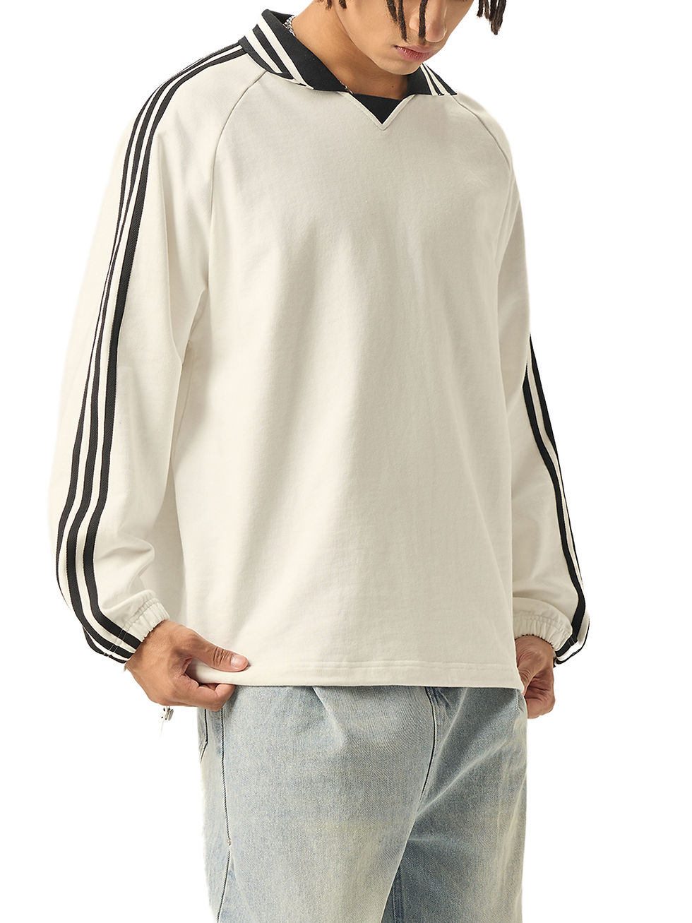 Thumbnail: Under His Wings Contrast Striped Lapel Collar Sweatshirt