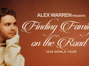 Pop artist Alex Warren performing live under bright lights in front of thousands of fans holding signs at Rogers Arena in Vancouver during his 2026 world tour kickoff leg.