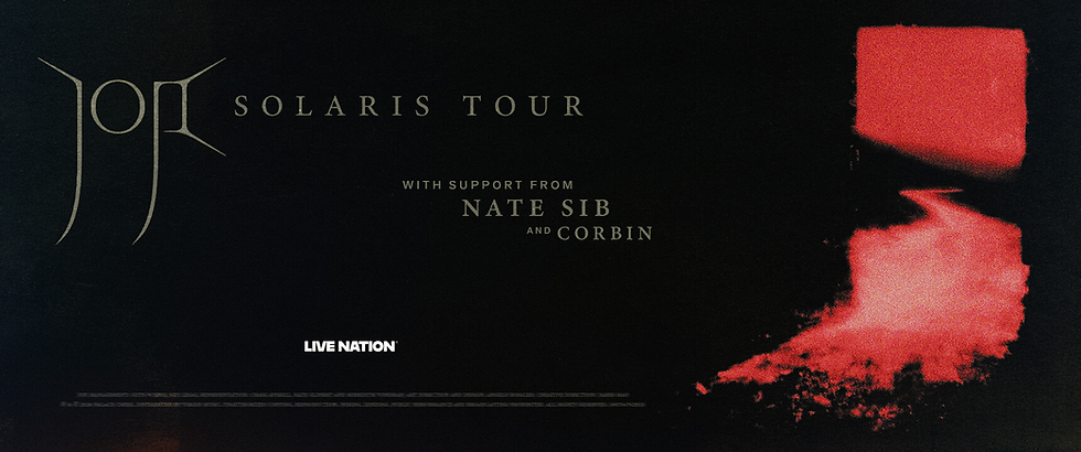 Joji "Solaris Tour" text in light gray. Red abstract shapes on the right. Features "Nate Sib" and "Corbin" as support acts.
