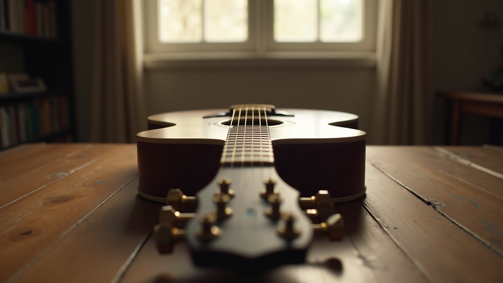 Eye-level view of a vintage guitar resting on a wooden table