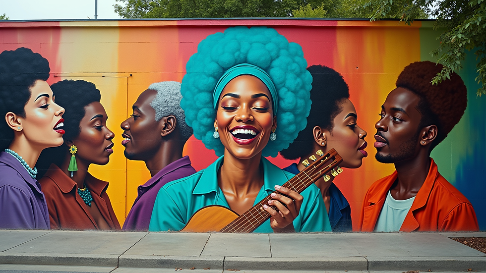 Eye-level view of a vibrant mural depicting musicians from different cultures