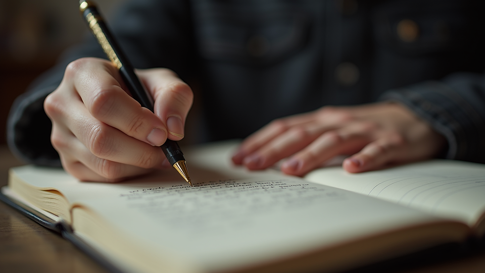 Eye-level view of a musician writing lyrics in a notebook