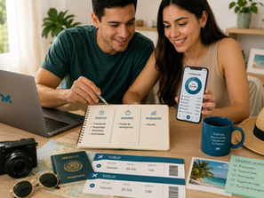Personas creando presupuesto y vacaciones