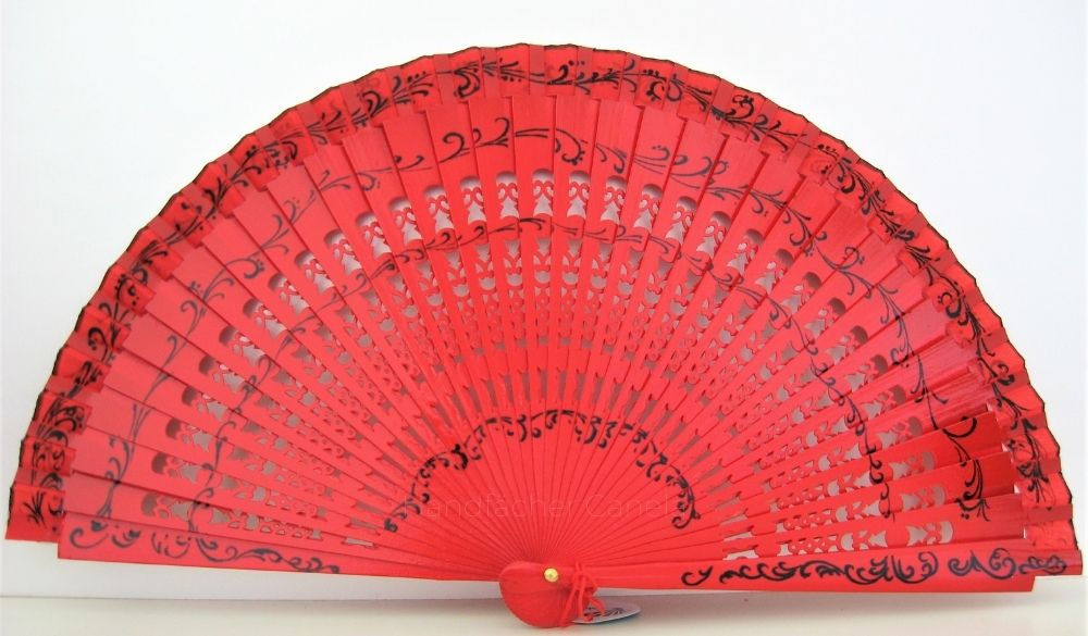 Klassischer Handfächer aus lackiertem Holz in Rot, ausgestanzt. Bemalt mit Bordüren. Barock Fächer.